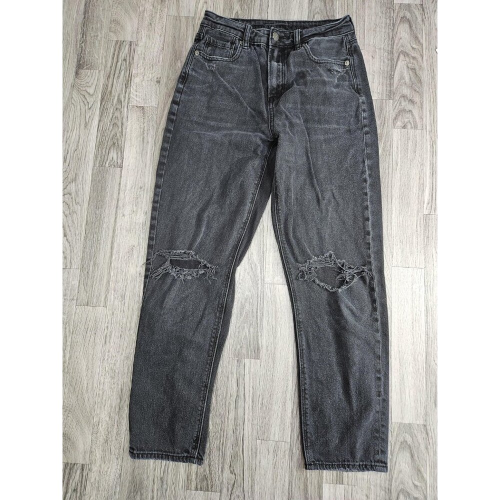 American Eagle Jeans Women 2 Straight Black Mom Straight Ripped Knees Distressed